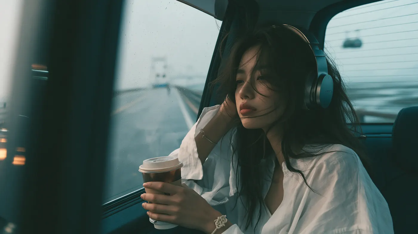 A passenger in headphones, coffee in hand, gazing out of a car window on a misty morning